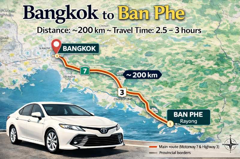 Расстояние Аэропорт BKK / Бангкок — Самет (Бан Пе): маршрут и время в пути